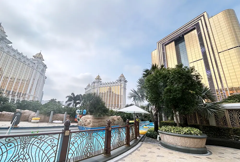 A resort destination with landscaped grounds and hotel towers
