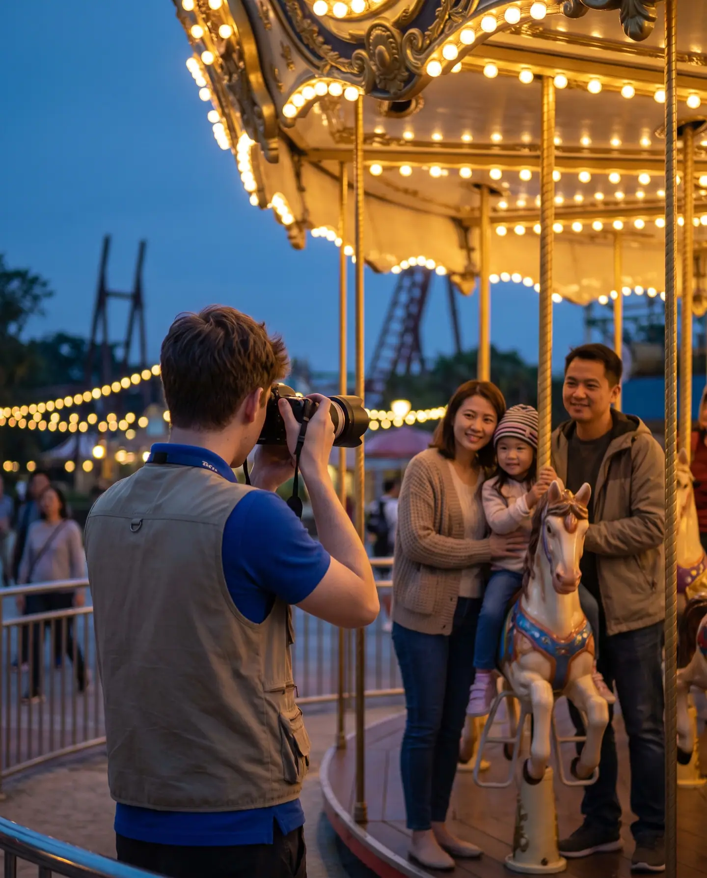 A Pictureworks photographer capturing a family moment at a carousel