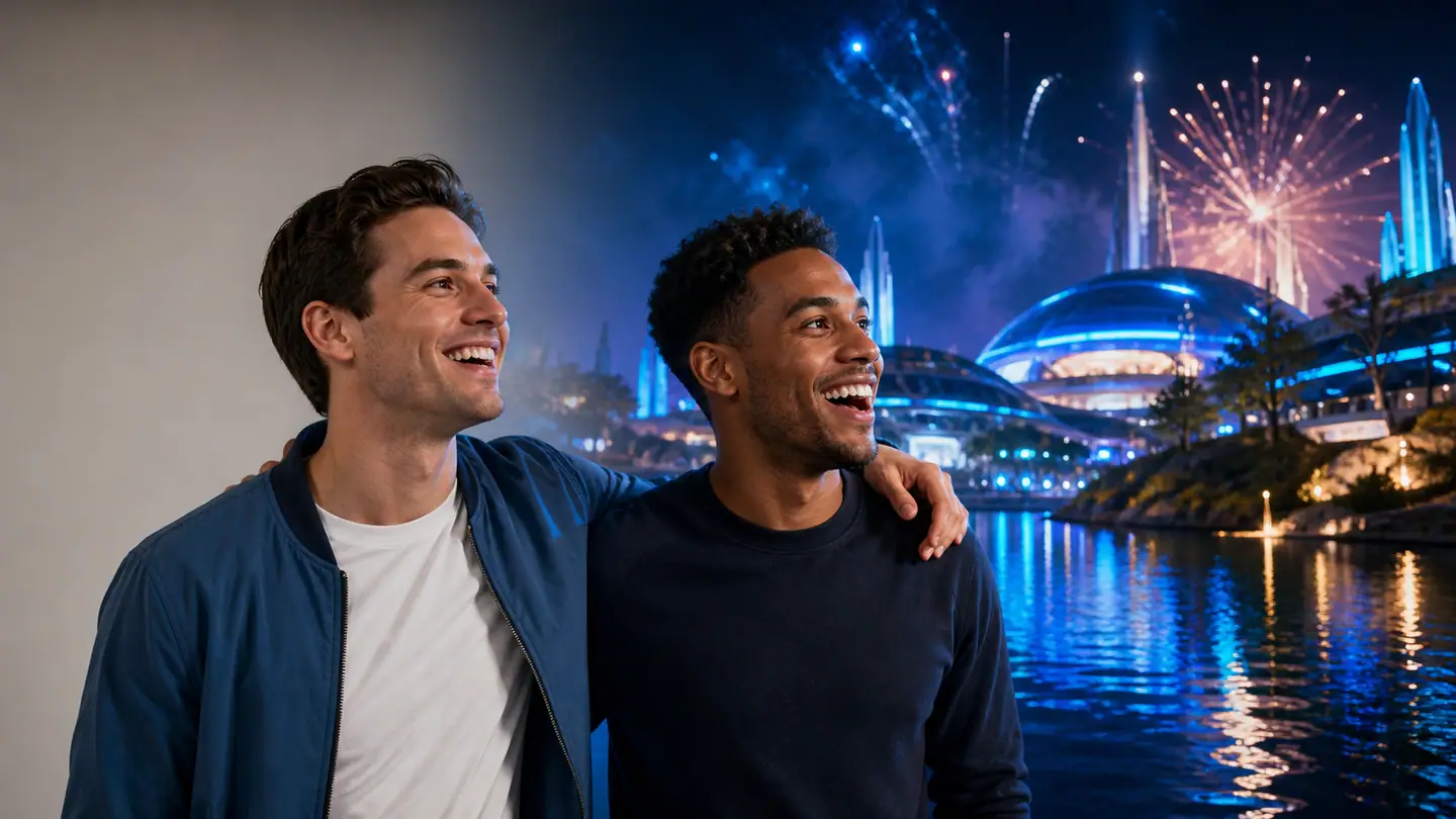 Two attraction guests transitioning from a simple capture background into an immersive theme-park scene