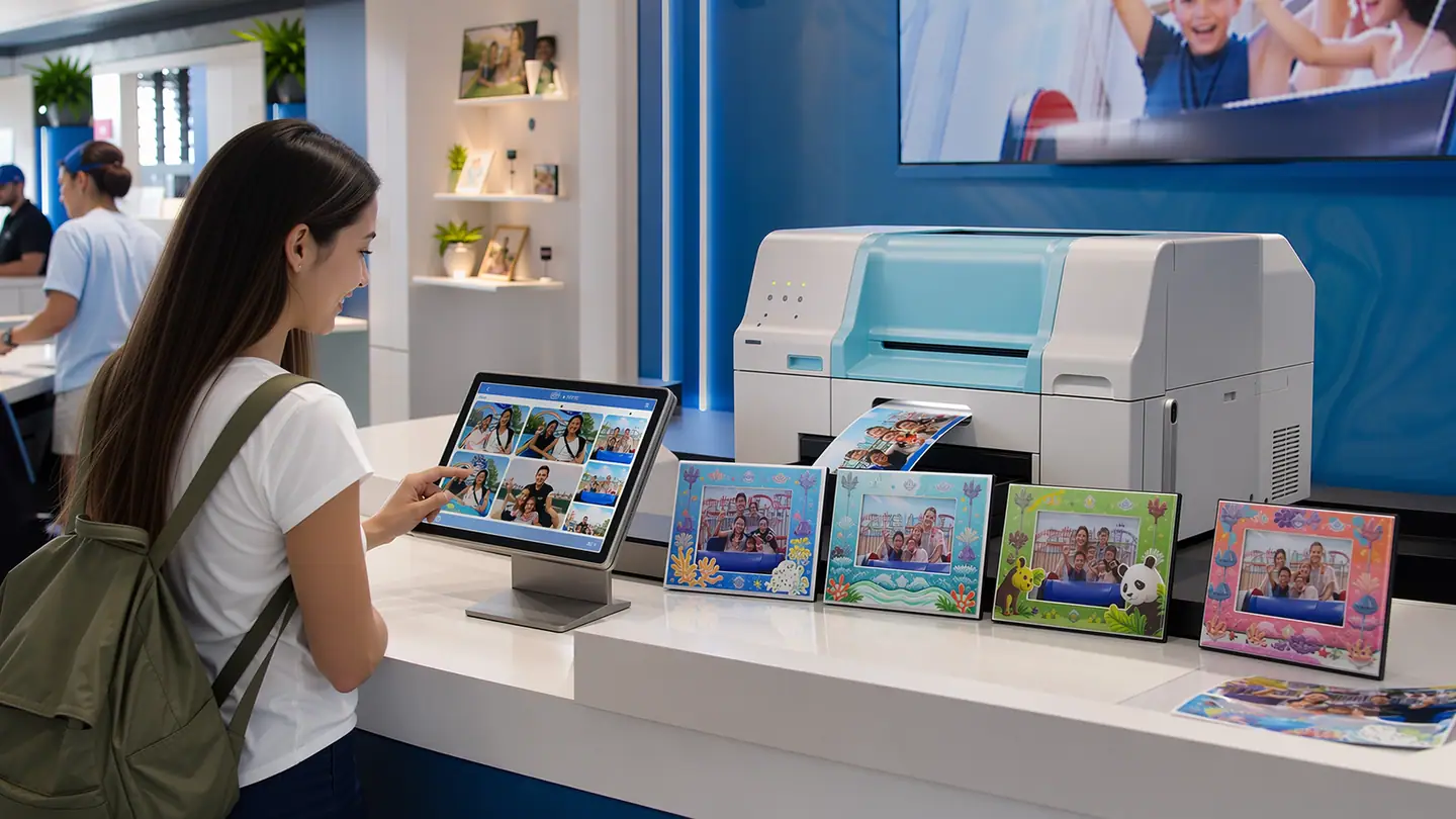 A modern photo counter with a selection screen, professional printer and freshly printed framed photographs