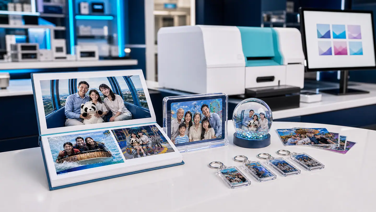 A premium selection of personalized Pictureworks photo products displayed at a modern production counter