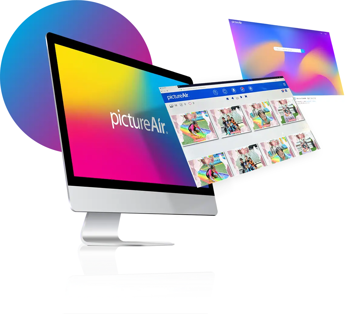 PictureAir™ desktop platform with floating guest photo gallery interfaces